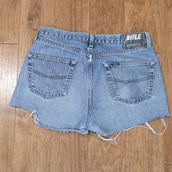 Vintage Rifle Distressed Cut Off Denim Medium Wash Blue Jean Button Fly Shorts - Picture 4 of 10